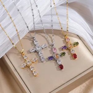 Retro Cross Pendant Necklace Titanium Steel With Colorful Cubic Zirconia Fashion Clavicle Chain For Women Elegant