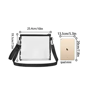 Clear waterproof PVC stadium crossbody bag dimension guide compared with iPad mini device