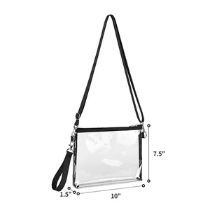 Detail view of transparent PVC crossbody bag showing 10 x 7.5 x 1.5 inch dimensions