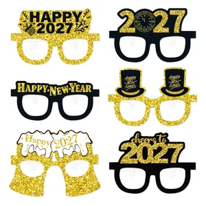 Happy New Year 2026 Party Paper Glasses Black Gold Glitter New Year's Eve Photo Booth Props For Celebration Accessories