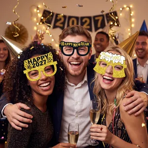 Group of friends wearing 2027 New Year party glasses in a festive celebration scene.