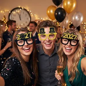 People wearing Happy New Year 2027 black gold glitter paper glasses at a party