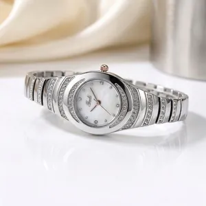 Luxury silver Gedi women's bracelet watch featuring rhinestones and a pearl dial