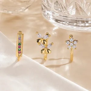 Fake Nose Ring Stainless Steel Gold Plated Cubic Zirconia Non Piercing Nose Cuff Butterfly Flower Clip On Body Jewelry Women
