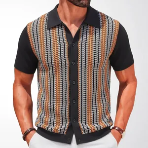 Premium men's striped jacquard knitted polo shirt cardigan with short sleeves for summer