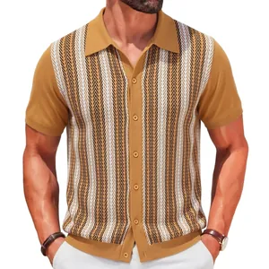 Men's short sleeve knit polo shirt with vintage striped jacquard pattern and button front