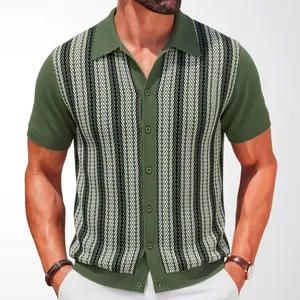 Stylish men's olive green striped jacquard short sleeve knit polo cardigan sweater