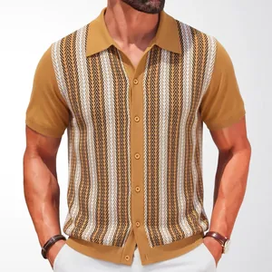 Vintage mustard yellow men's knitted short sleeve striped polo cardigan shirt for summer