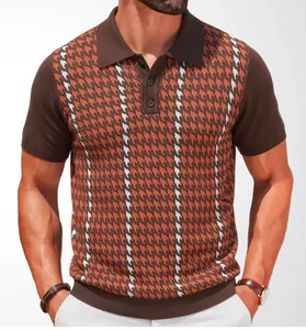 Detail view of men's brown houndstooth knit polo shirt showing intricate jacquard texture