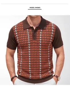 Close-up of men's knitted Polo shirt with orange and brown houndstooth pattern