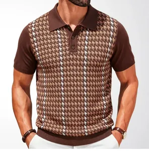 Close-up of men's knitted polo shirt featuring a classic brown houndstooth jacquard pattern