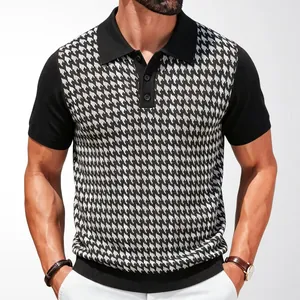 Stylish men's houndstooth knit polo shirt with short sleeves and a classic tailored fit.