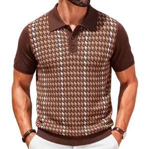 Premium men's brown houndstooth jacquard knit polo shirt with contrast short sleeves