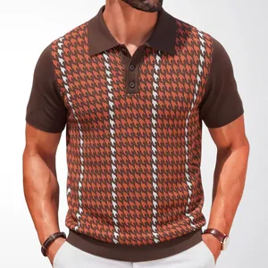Polo classica in maglia da uomo con elegante motivo pied de poule marrone e arancione