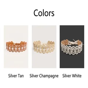Ethnic style wide waistbands shown in camel, champagne gold, and white variants