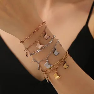 Layered titanium steel bracelet with frosted butterfly charms in multiple colors