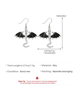 Detailed size and weight chart for vintage dragon drop earrings with black enamel wings