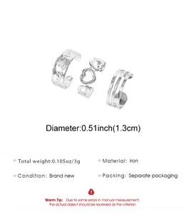 Set of three silver-colored heart open toe rings with diameter and weight info