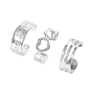 Set of three silver open toe rings with heart-shaped cutouts and textured metal designs