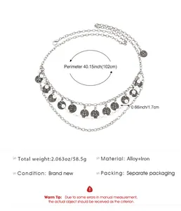Detailansicht der Abmessungen einer silbernen Bohemian-Taillenkette mit Perlen und Münzen