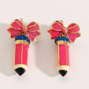Kreative rosa Bleistift-Ohrstecker mit Glitzer-Schleife für Damen, ausgefallener Modeschmuck