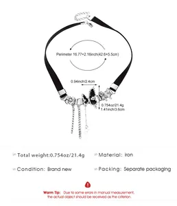 Detail view of a Y2K butterfly leather choker with chain measurements and weight info
