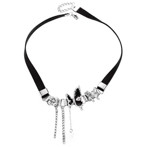Trendy Y2K gothic black leather choker necklace with silver butterfly and pearl charms