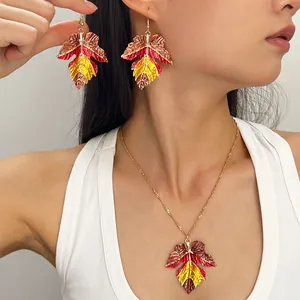 Autumn Maple Leaf Necklace Earrings Jewelry Set With Colorful Acrylic Pendants Alloy Gold Chain For Women Thanksgiving