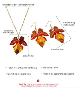 Detailed specifications for the colorful maple leaf necklace and earrings jewelry set.