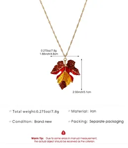 Detailed dimensions of the colorful autumn maple leaf pendant necklace in gold finish