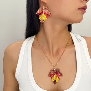 Detailed view of a colorful maple leaf jewelry set with earrings and necklace worn on a model