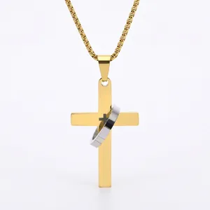Herren Hip Hop Titanstahl Kreuz Anhänger Halskette Kreis Verschachtelt Gold Silber Schwarz Edelstahl Lange Pullover Kette