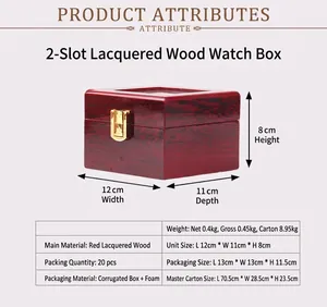 Detailed dimension and material chart for 2-slot red lacquered wooden watch storage box