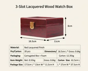 3-slot red lacquer wooden watch display box specifications with dimensions and weights