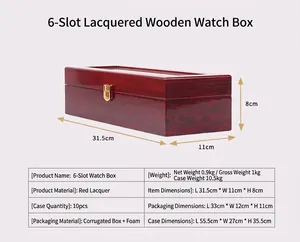 Technical specifications and dimensions of a 6-slot wooden watch box with piano lacquer
