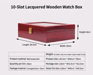 10-slot red lacquered wooden watch box with dimensions 26.5cm x 20cm x 8cm and glass window