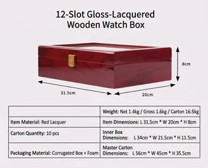 Detail view showing exact dimensions of the 12-slot red wooden watch display box