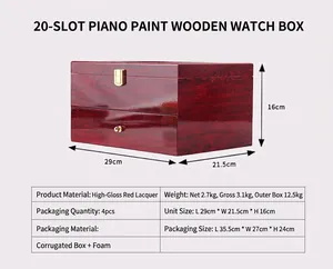 Lacquered wood watch storage box for 20 watches with product dimensions and weight details