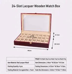Dimensions and material details of the 24-slot red lacquered wooden watch box