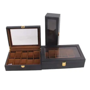 Detailed macro view of premium black lacquer wood watch box with 10 slots and glass lid