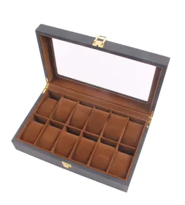 Detailed view of 10-slot wooden watch storage box featuring brown velvet pillows