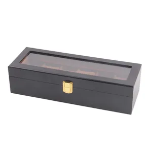 Elegant black lacquered wooden watch display box with transparent window and gold clasp