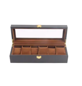 Six-slot black lacquer wooden watch box with glass lid and velvet pillows