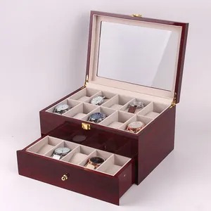 Luxurious two-layer wooden watch display box with red lacquer finish and bottom drawer