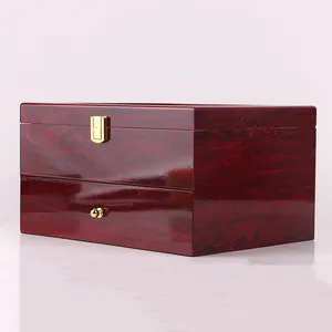 High-gloss reddish-brown wooden two-layer watch storage box with gold hardware accents