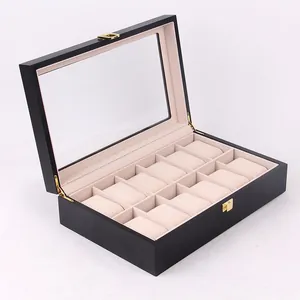 Detailed internal view of a 10-slot black wooden watch storage box with velvet lining
