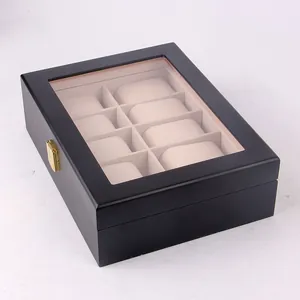 Macro view of 10-slot wooden watch box with lacquer finish and beige pillows