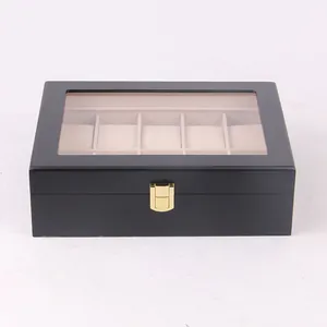 Premium 10-slot black wooden watch box with high-gloss lacquer and glass display