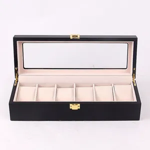 Open 6-slot black lacquered wooden watch box with glass lid and velvet lining