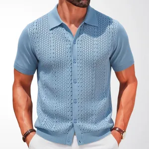 Men's light blue short sleeve knit polo cardigan with textured cable stitch pattern